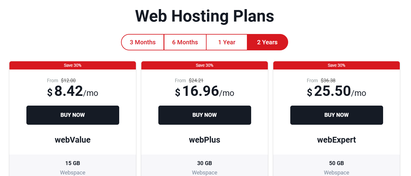 screenshot of hosting plans