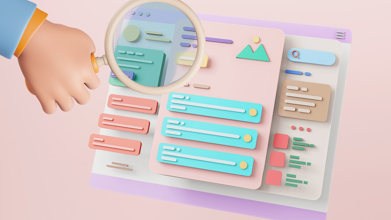 3D render of person magnifying website content.