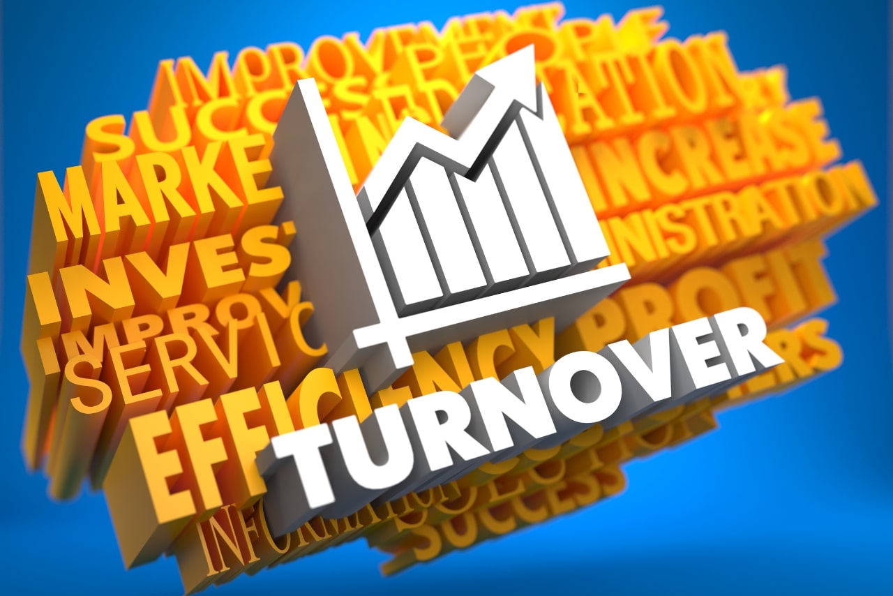 3D rendering of word Turnover with graph and words on the background.
