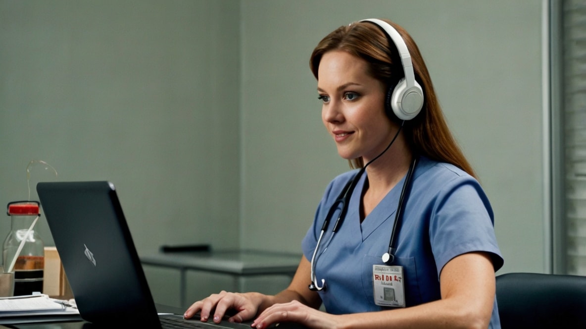 Nurse in blue uniform wearing headphones while doing transcription work on laptop.