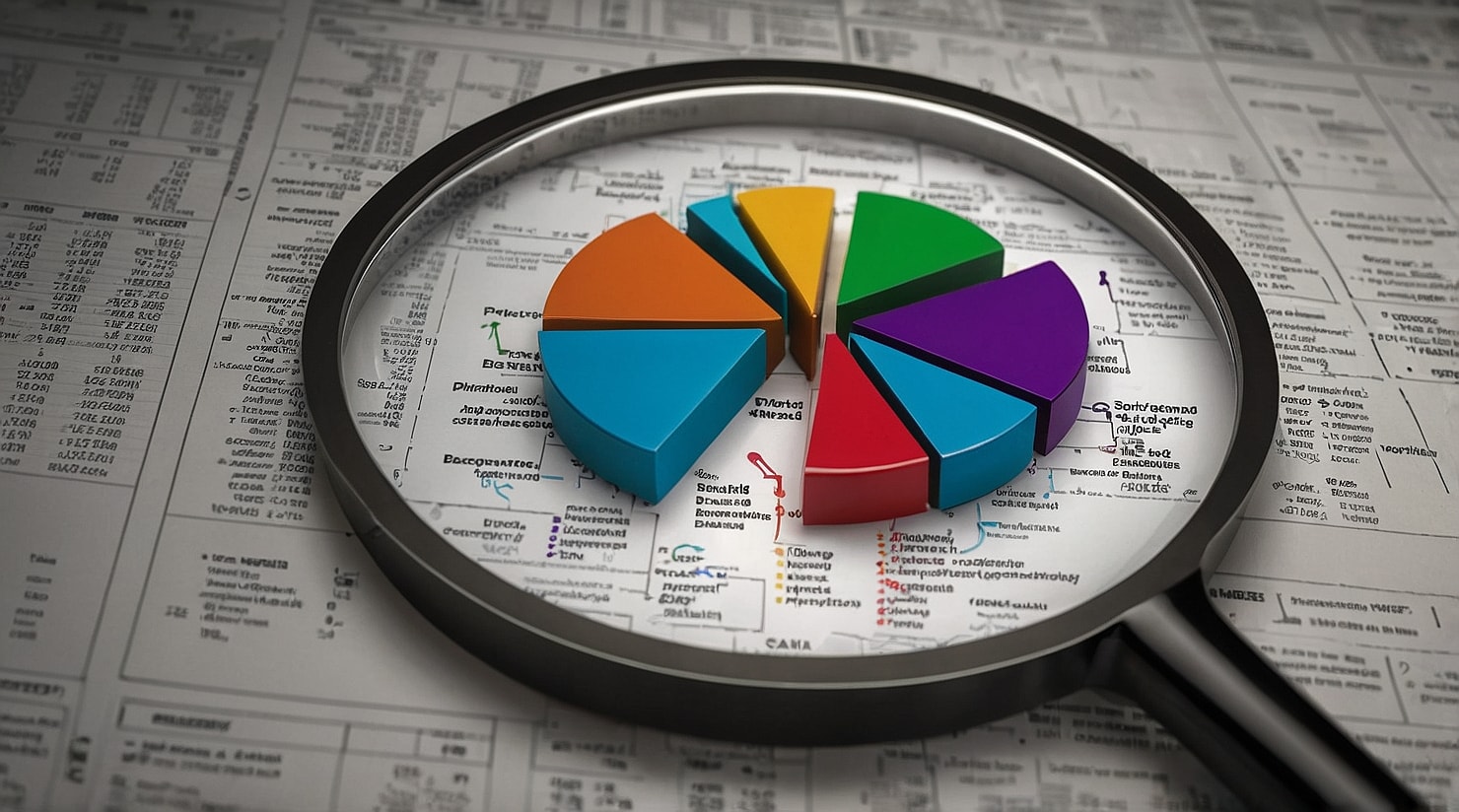 A magnifying glass on a pie chart.