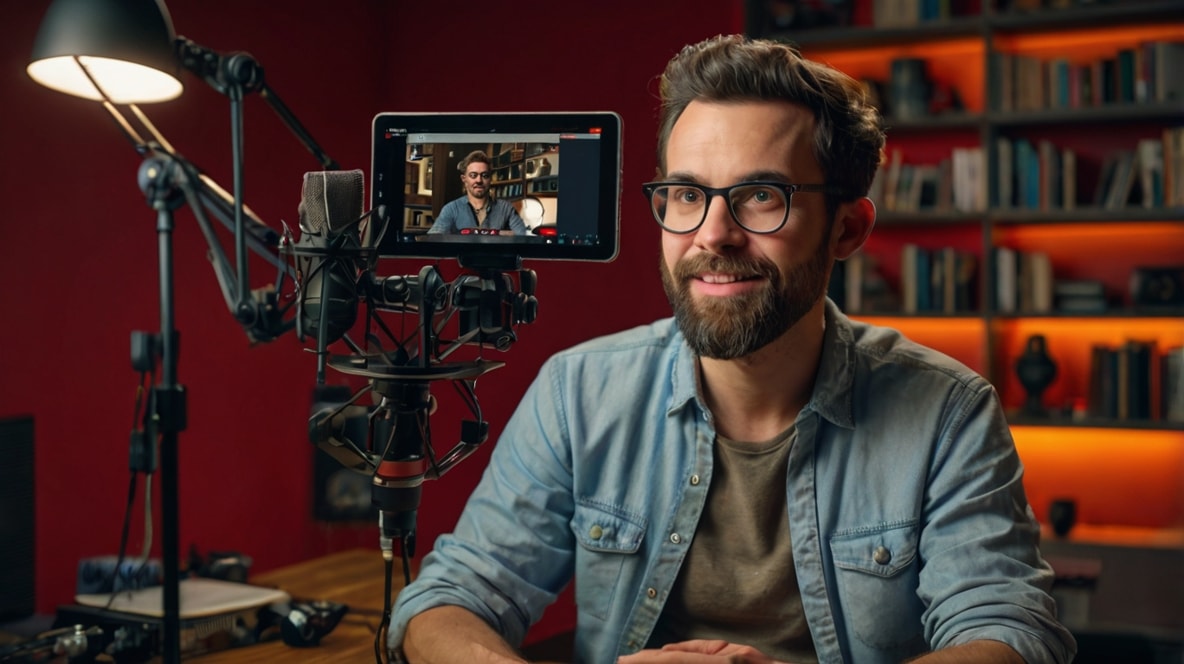 A male content creator recording a video for his YouTube channel.