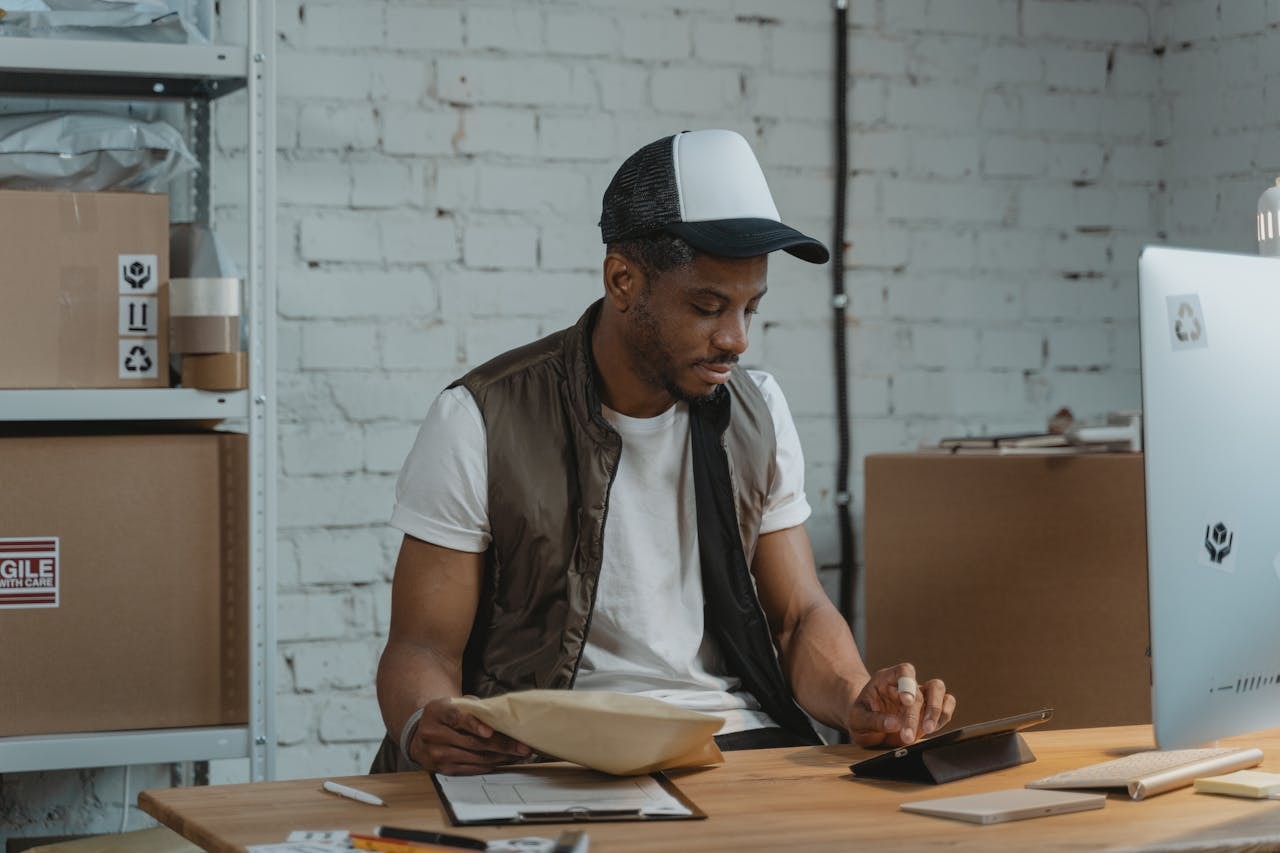 A man holding a parcel and using a calculator