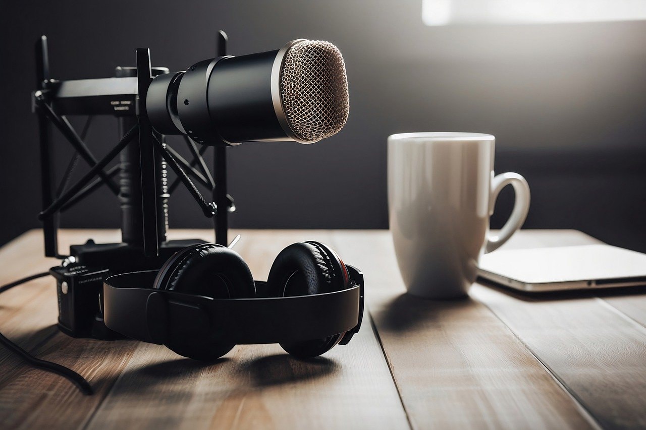 A microphone and headphones for voice over work