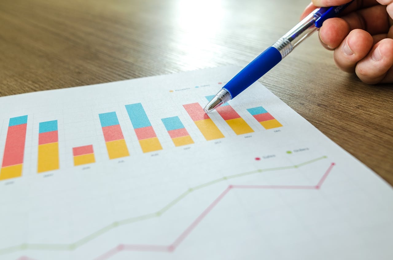 A person holding a pen pointing at a graph