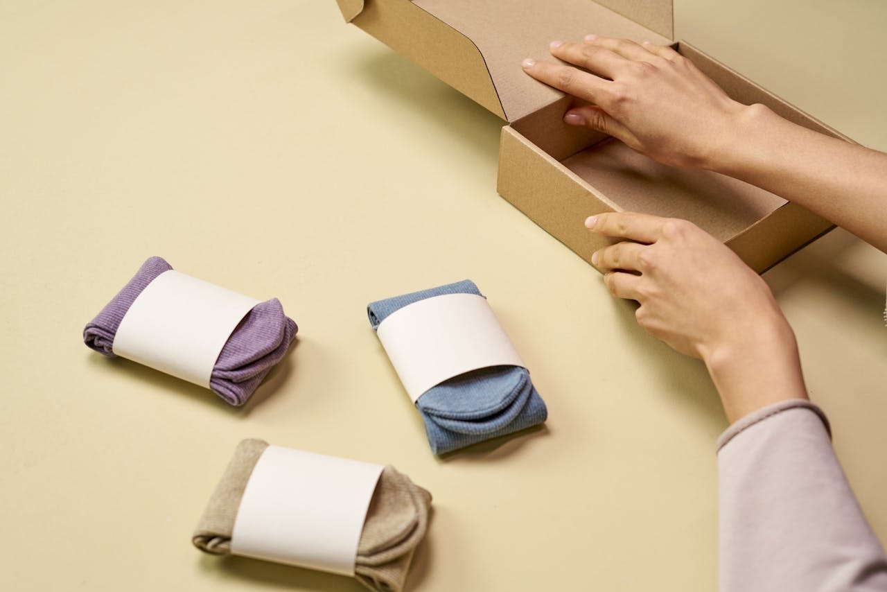 A person packing pairs of socks into a small brown box