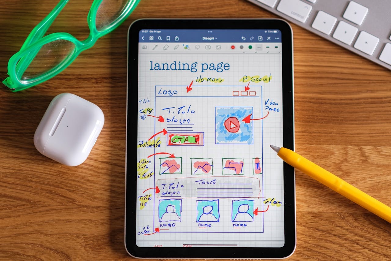 A photo of a landing page design draft on a tablet