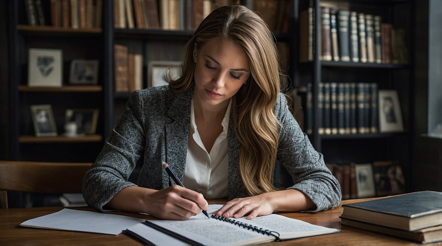 A woman editing and proofreading material.