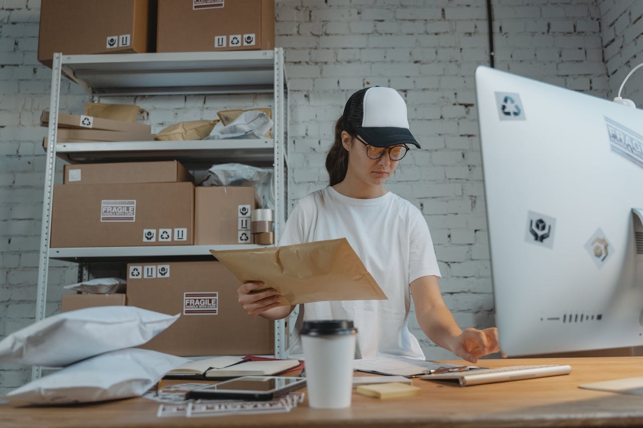 A woman holding a parcel while using a touchscreen