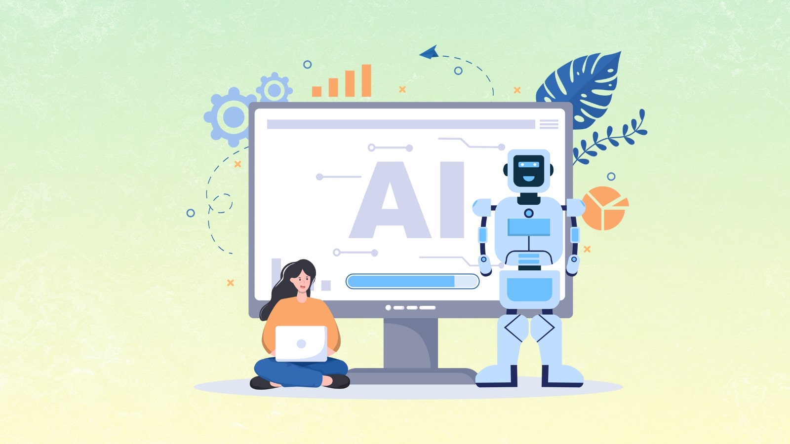 AI robot helping woman with content creation.