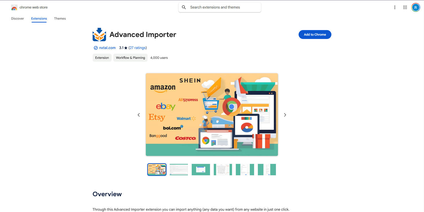 Advanced Importer app webpage on chrome store.