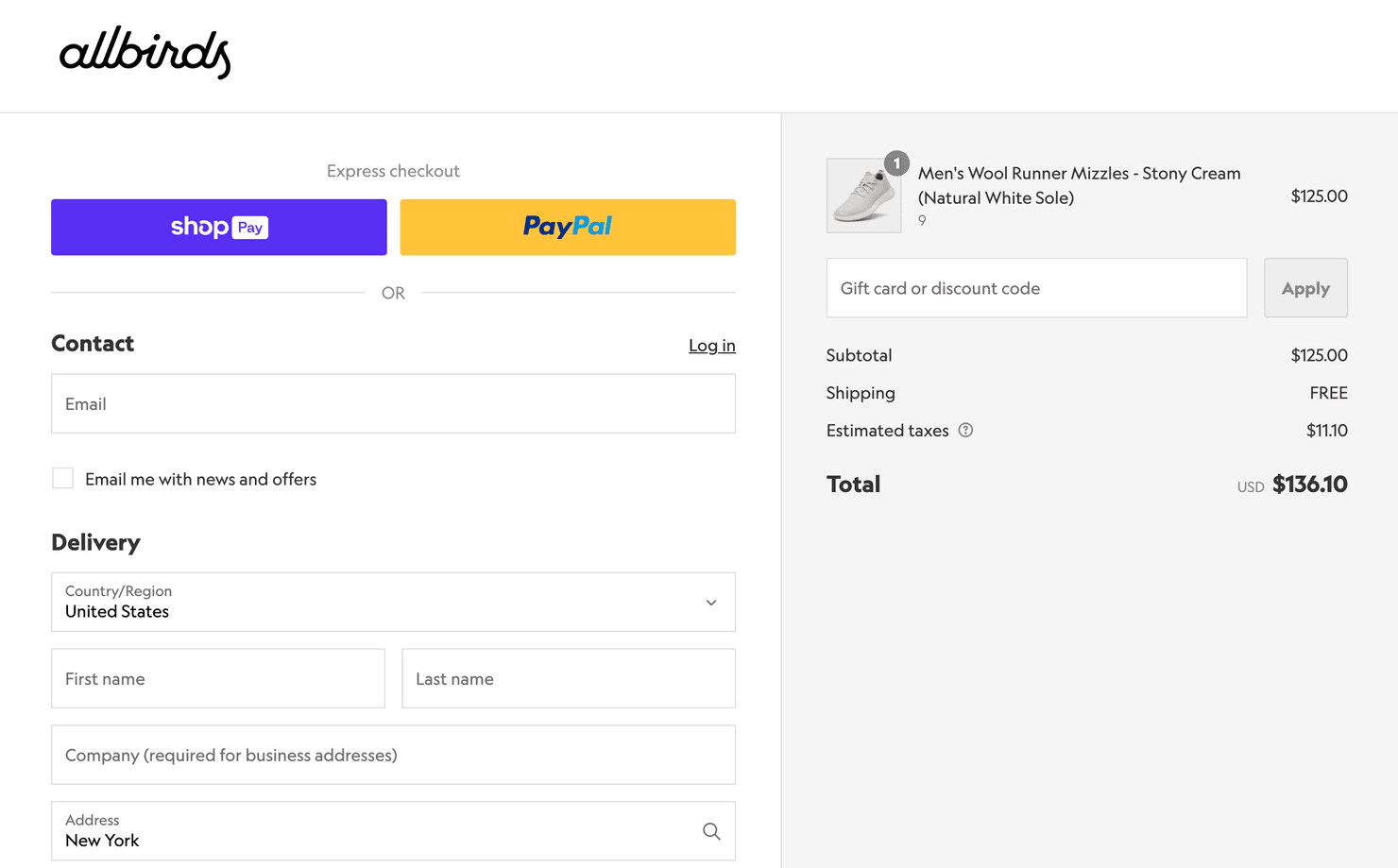 Allbirds' online store offering free shipping