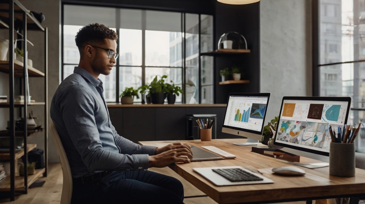 An entrepreneur developing a remote work tool in a home office with multiple devices