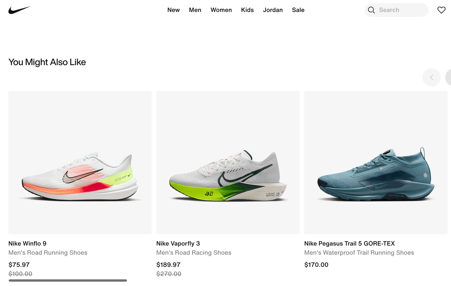 An example of personalized product recommendations on Nike's website