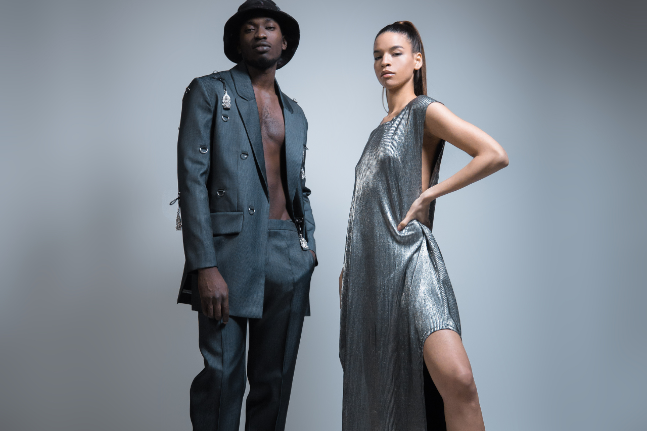 Attractive man and woman models posing in the studio.