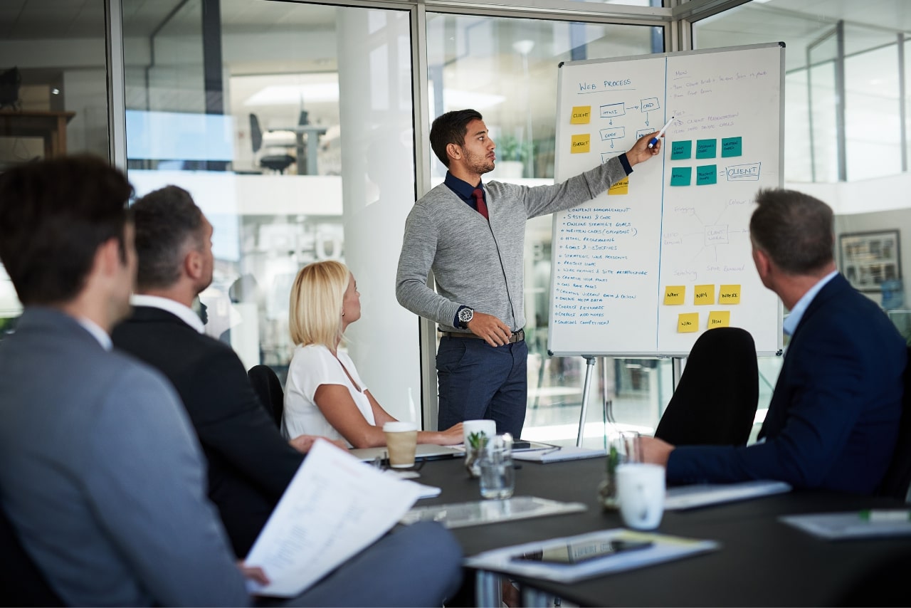 Businessman presenting business proposal to a boardroom.