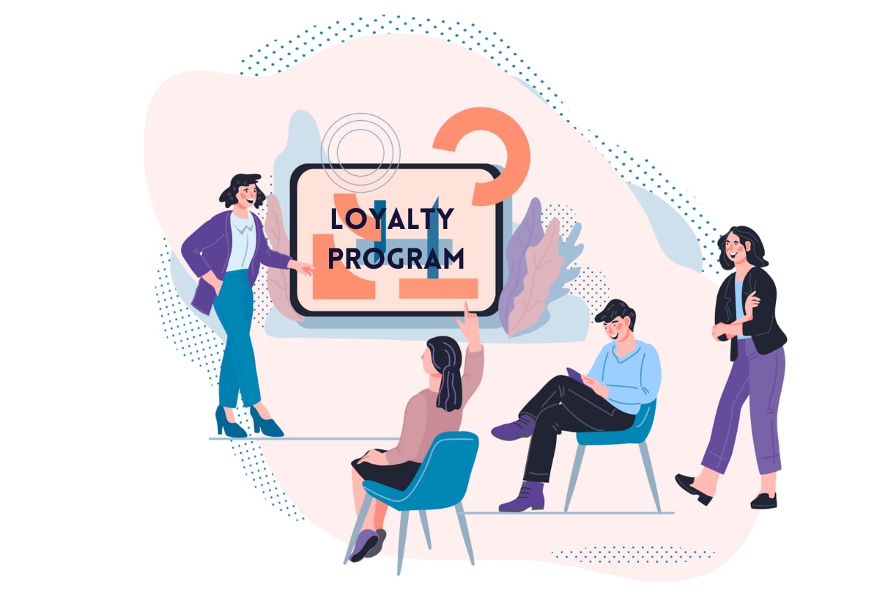 Cartoon illustration of a business owner training her three employees about their loyalty program.
