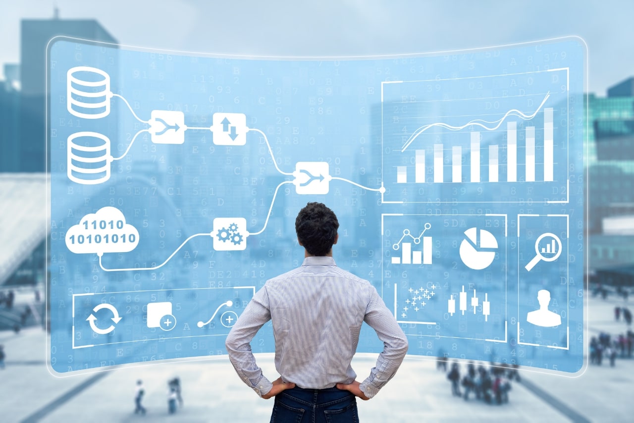 Concept with expert analyst building visualization with KPI and metrics from database information.
