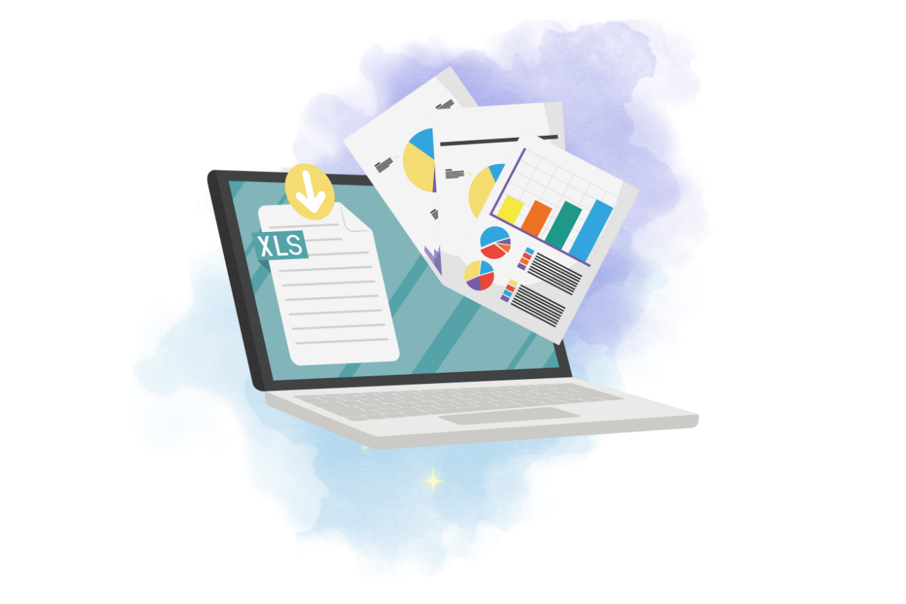 Content details on spreadsheets and graphing papers popping out of laptop.