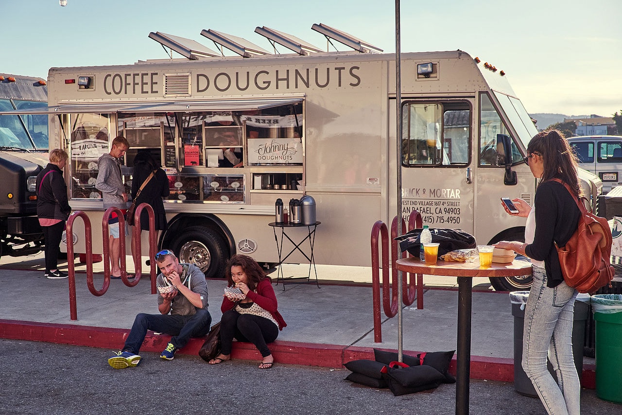 Customers around the food truck