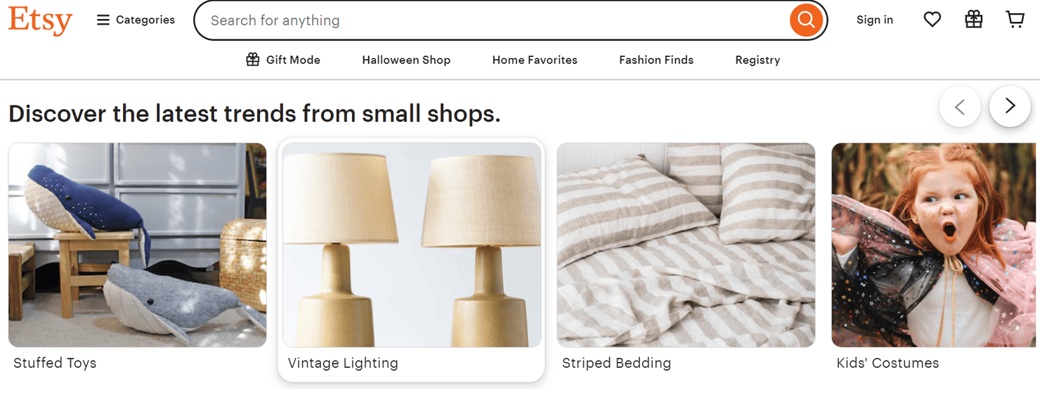 Etsy shop website homepage