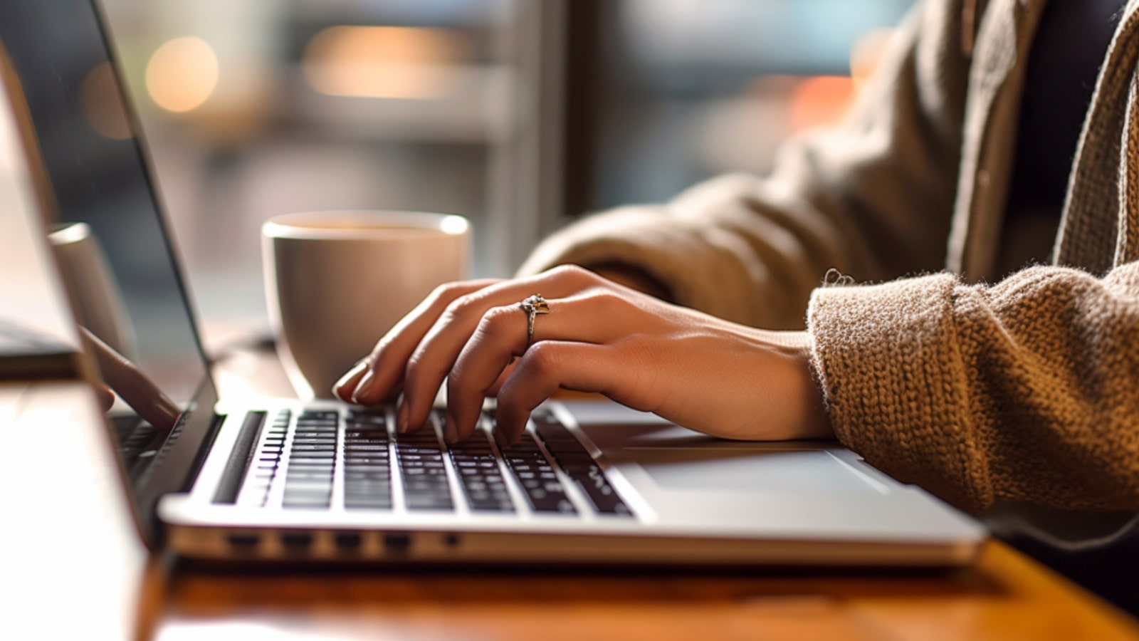 Female blogger's hands typing on laptop.