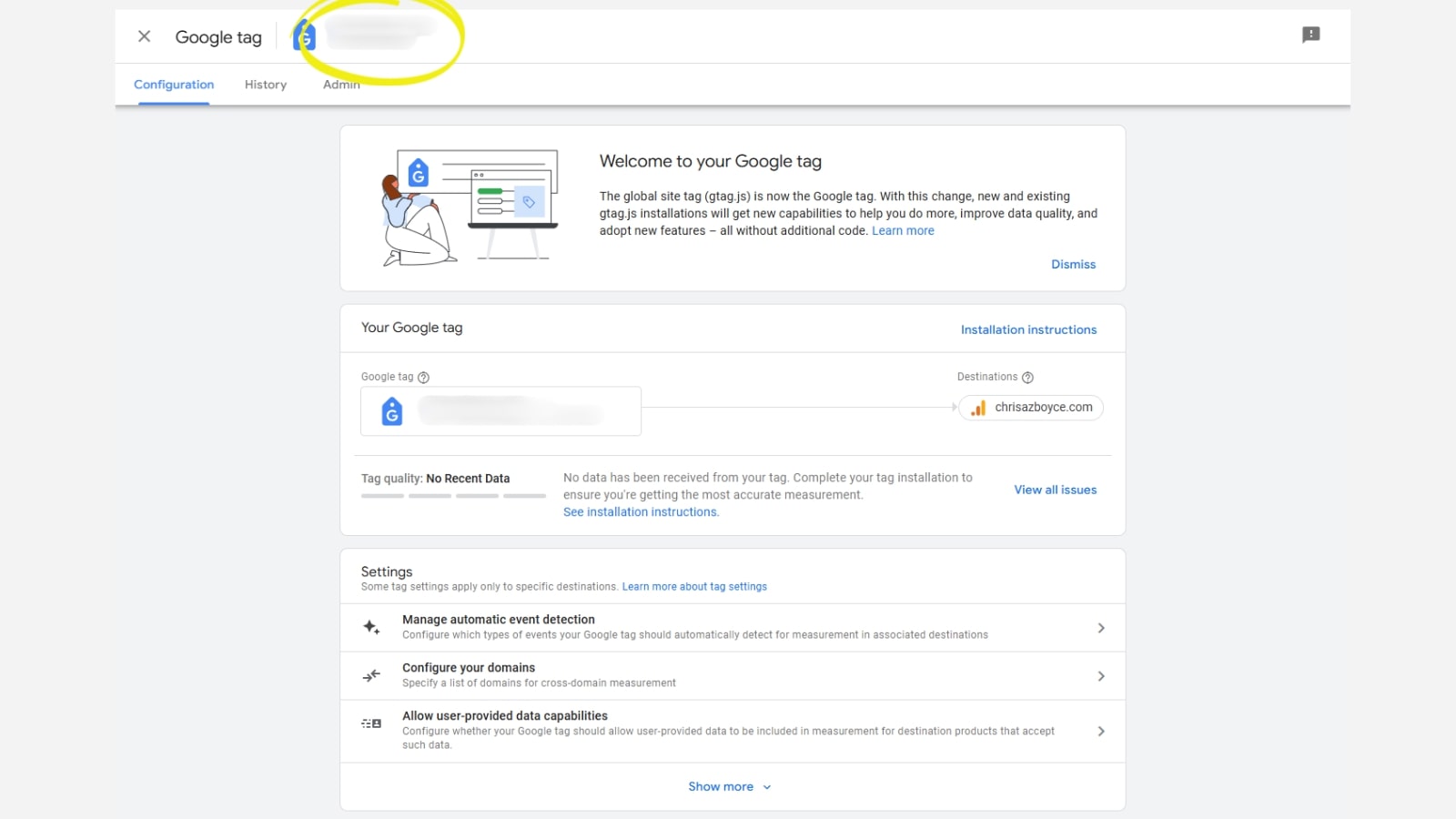 Google Tag ID page for Google Analytics 4 properties.