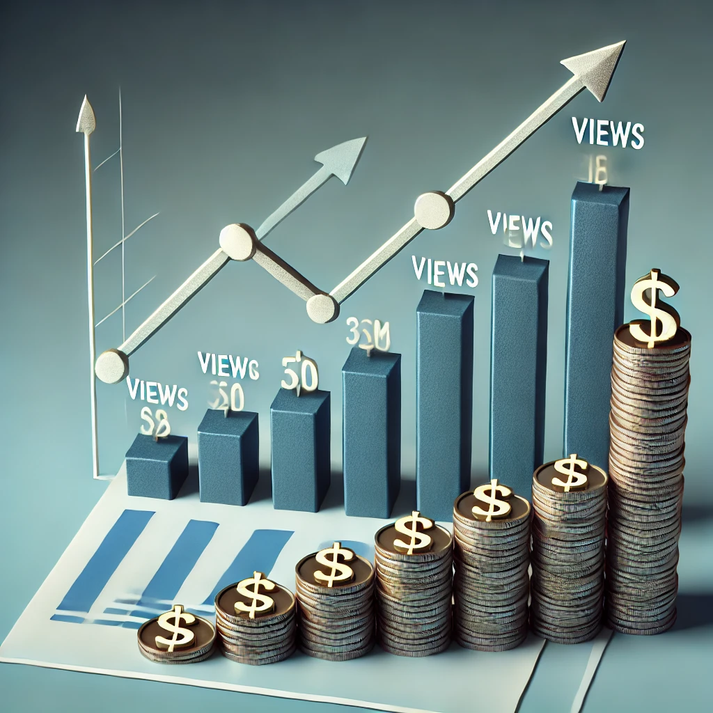 Graph or bar chart with rising views and coins.