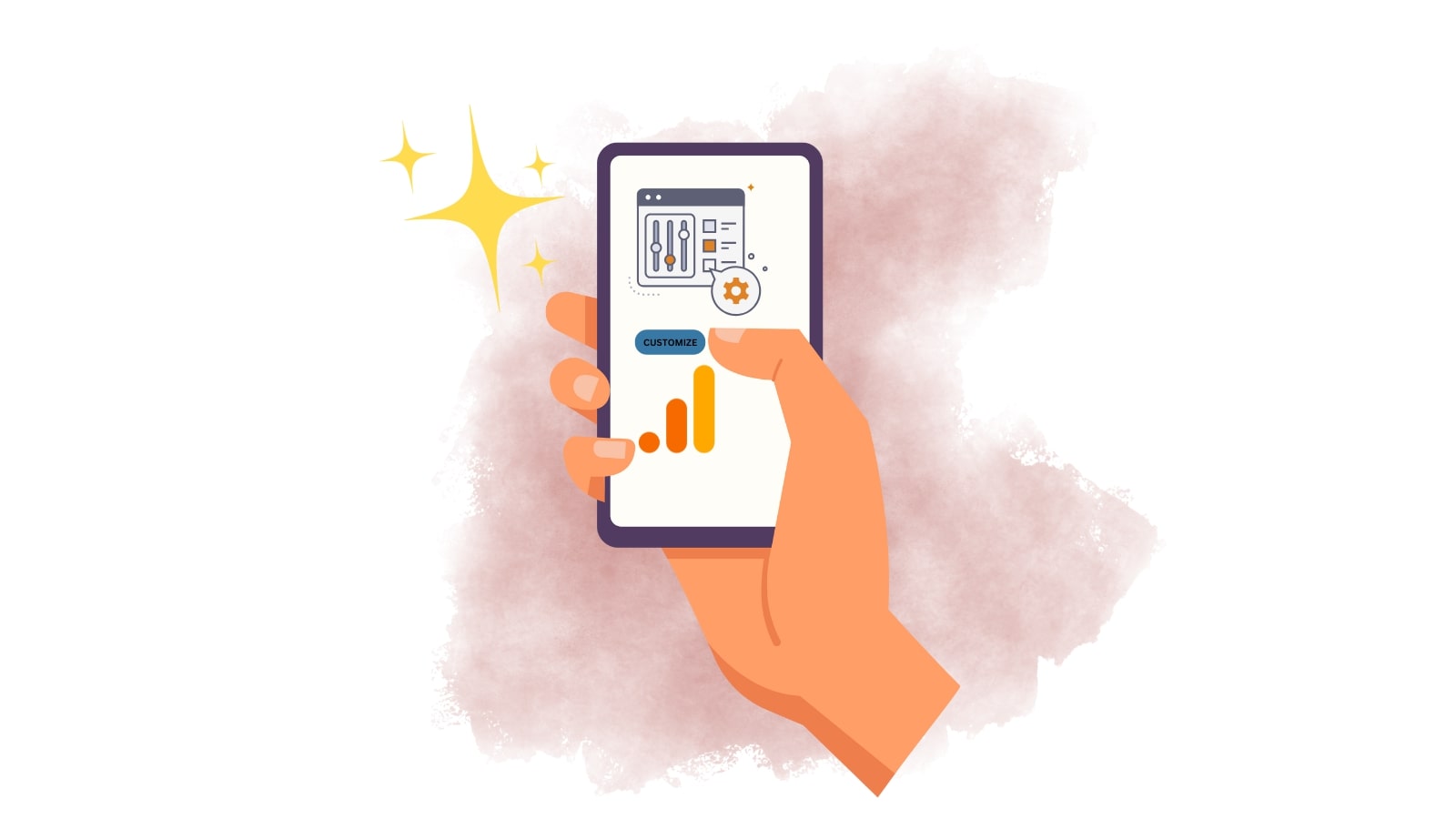 Hand using phone to customize GA4 Setup