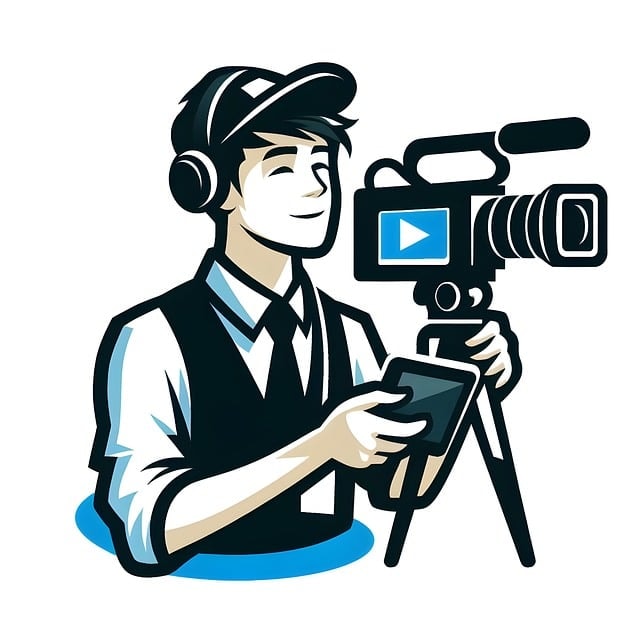 Illustration of a male videographer smiling while holding camera with tripod.