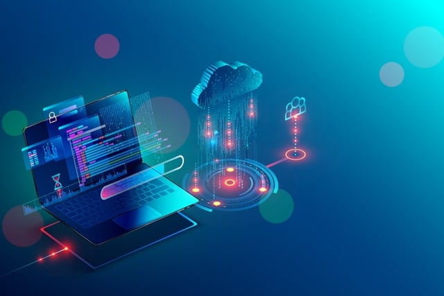 Laptop with various icons for data, people and website.