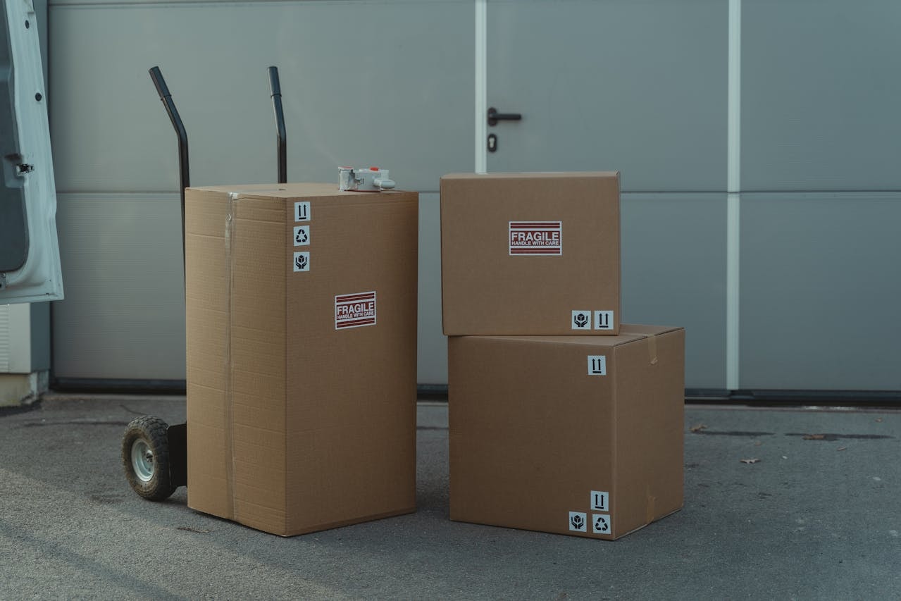 Large shipping boxes with Fragile stickers
