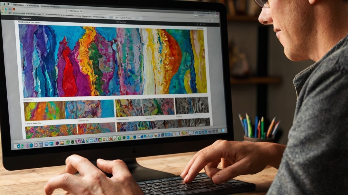 Man working on his personal digital art website.