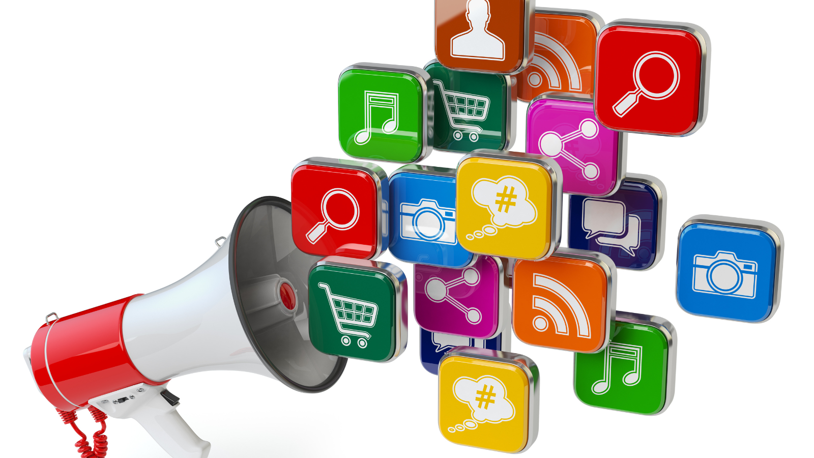 Megaphone with cloud of digital marketing icons.