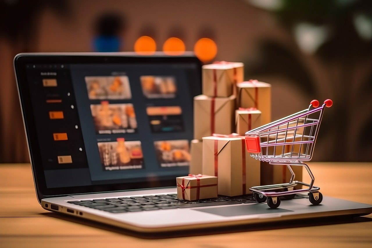 Miniature boxes and shopping cart placed on top of a laptop