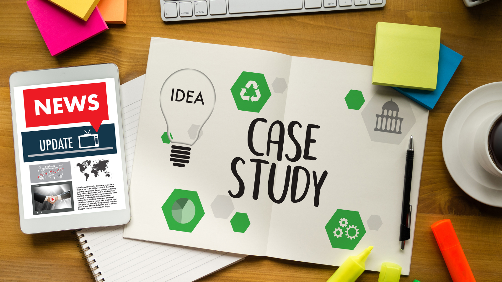 Notebook with the text Case Study written as a content idea.