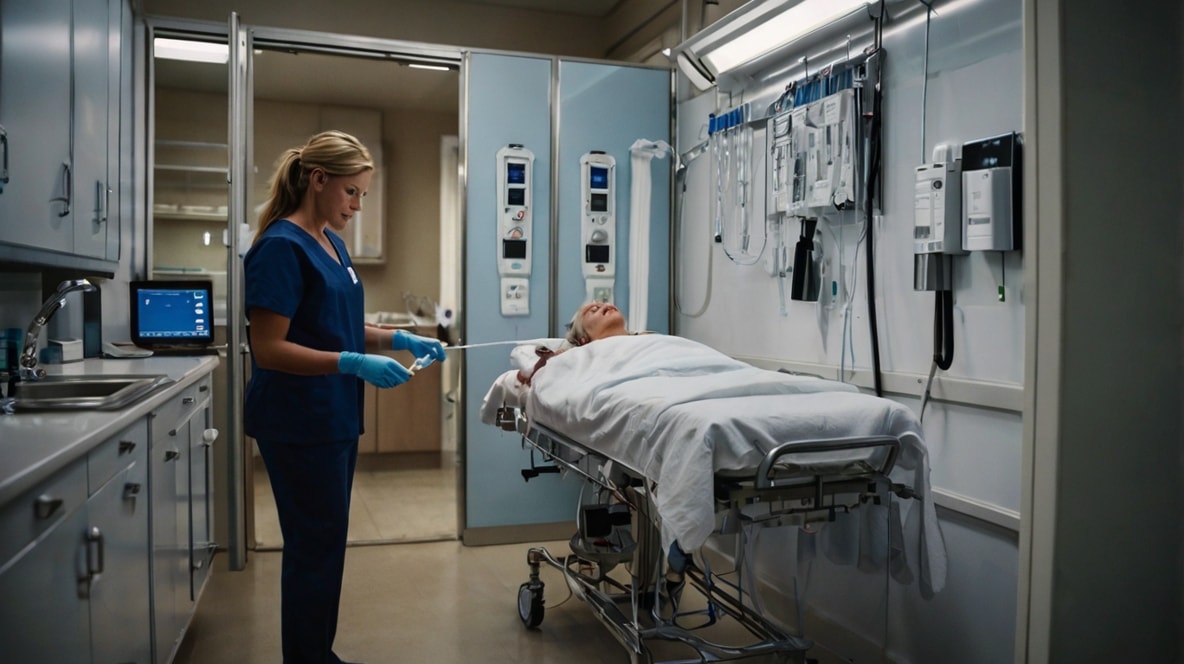 Nurse administering IV to patient on mobile health clinic.