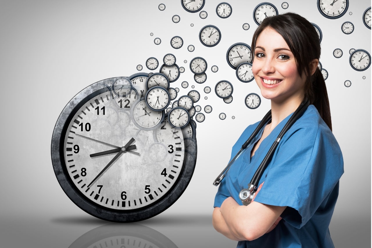 Nurse behind a clock where she is in control of her time.