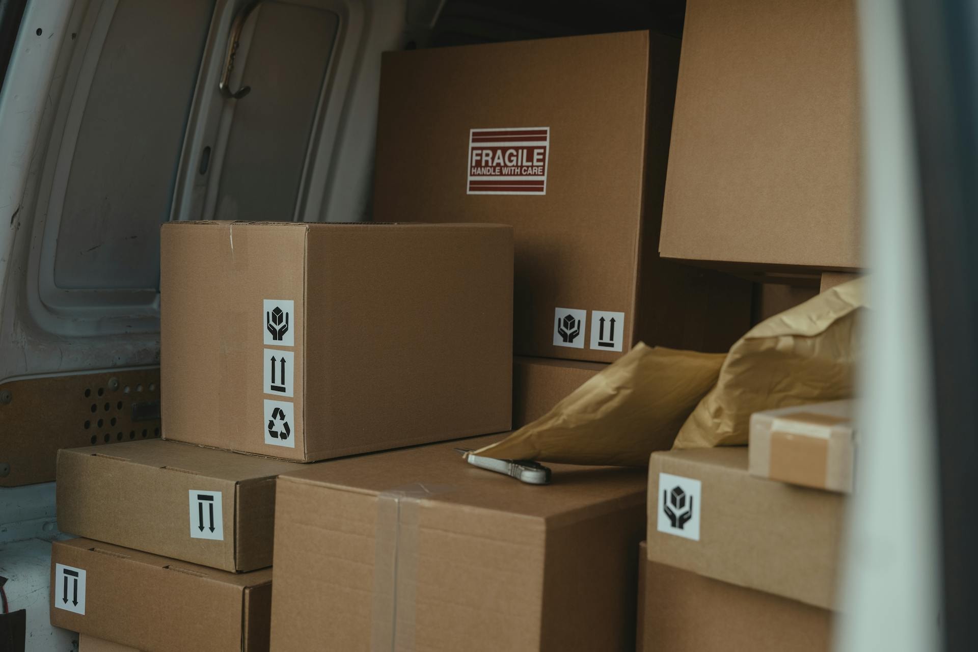 Parcels inside a delivery van.