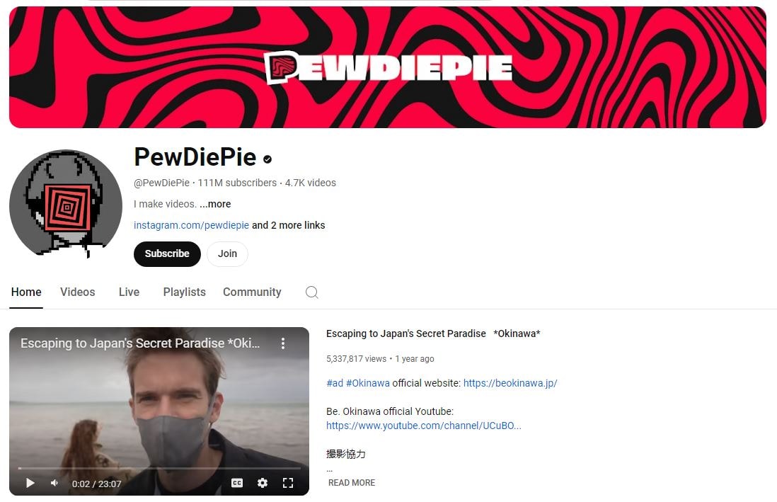 PewDiePie channel with millions fo subscribers