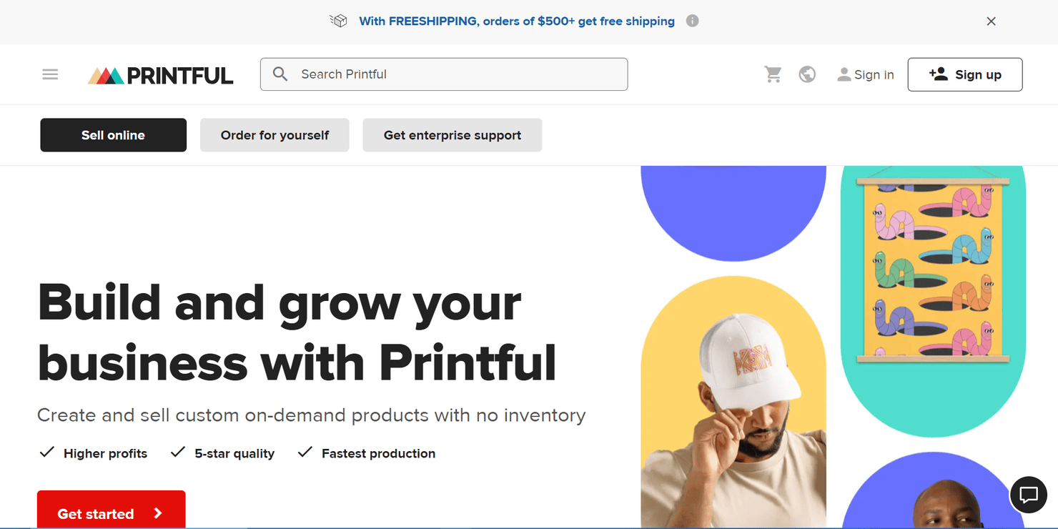 Printful website homepage.