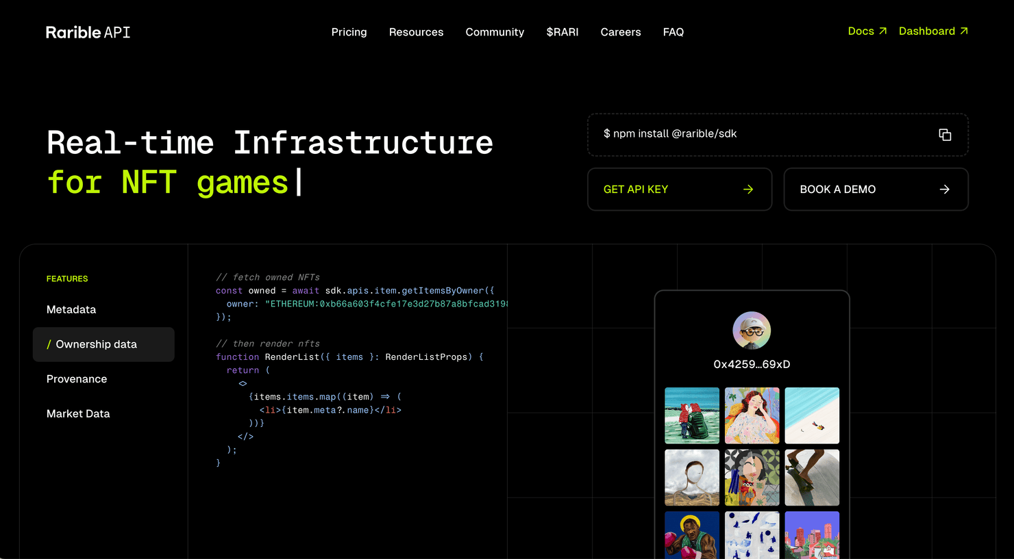 Rarible API's page, used to create different NFT assets
