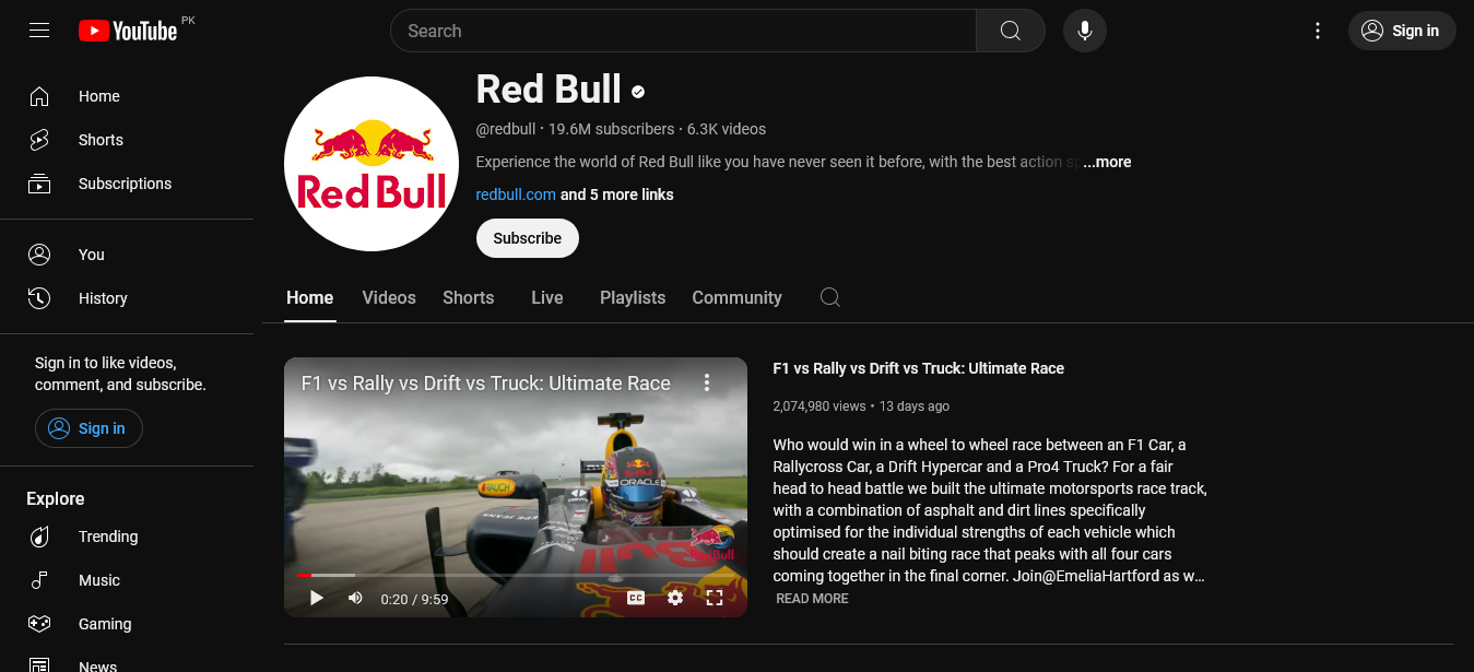 Red Bull's wesite page.
