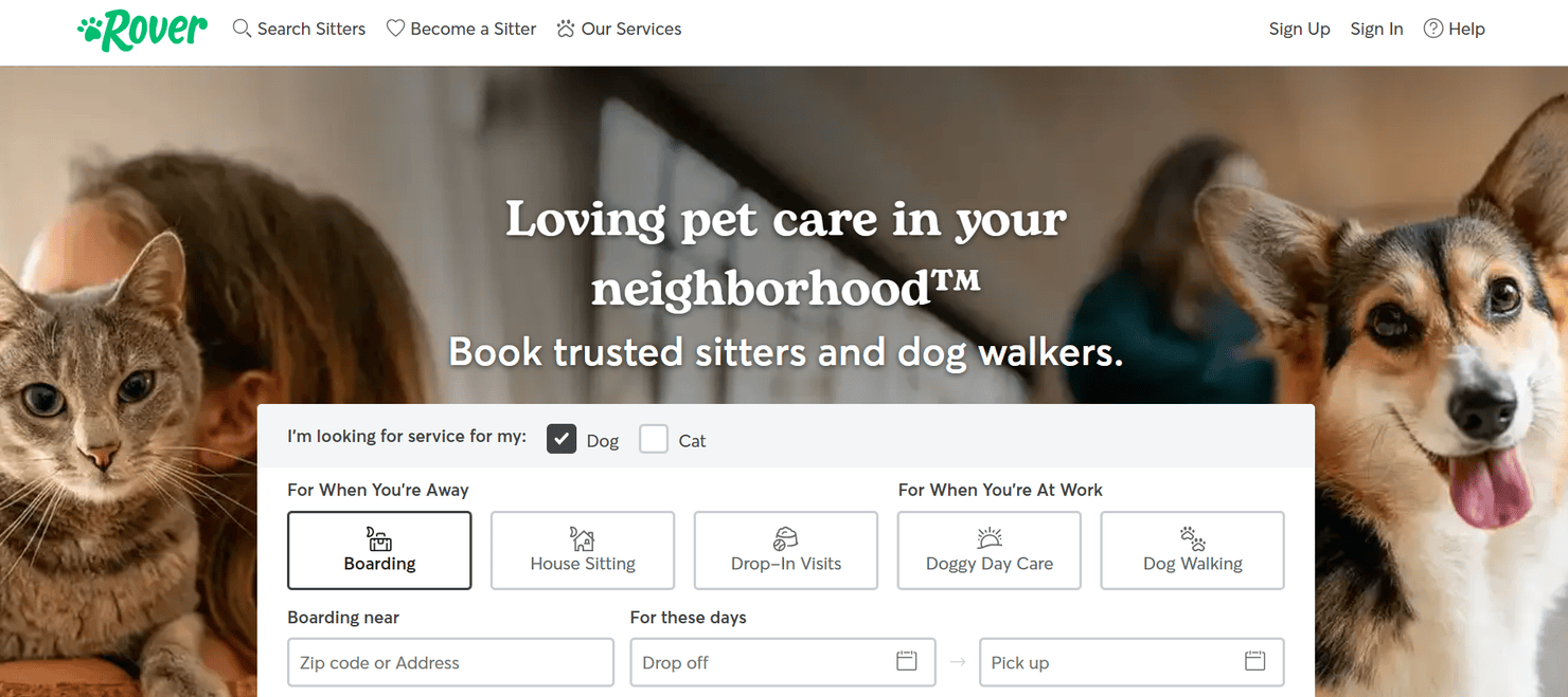 Rover pet-sittting website homepage.