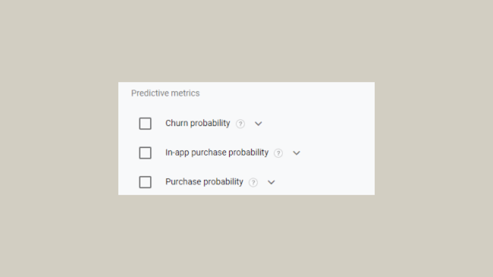 Screenshot of Purchase Probability and Churn Probability on GA4's dashboard.