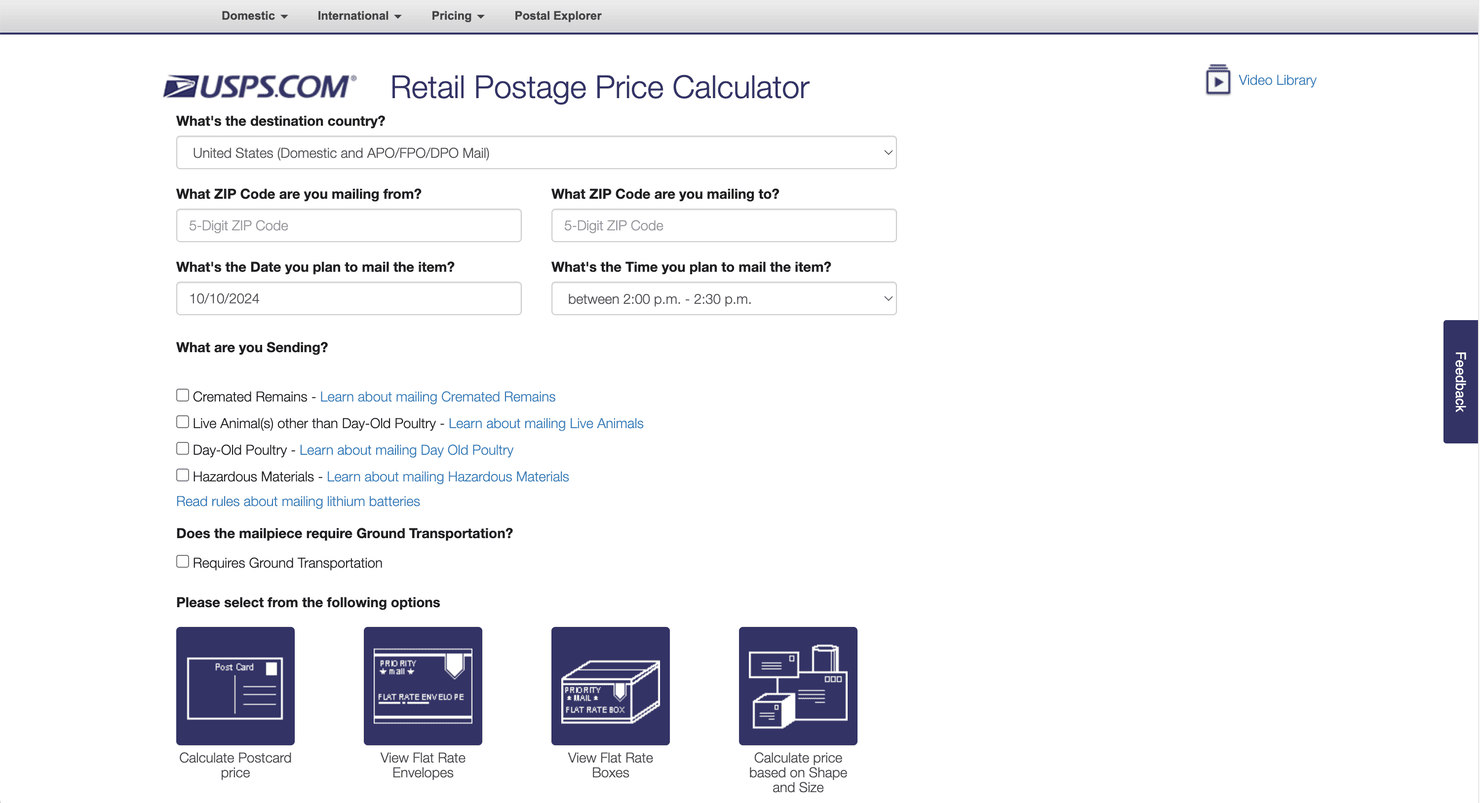 Shipping calculator on the USPS website