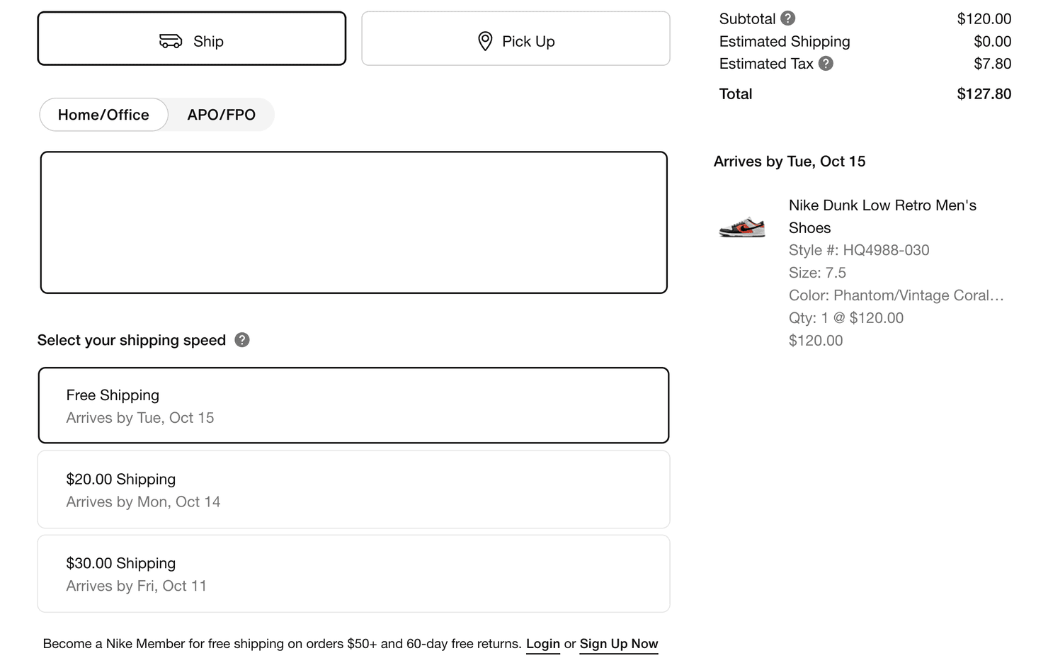 Shipping options at Nike's online store