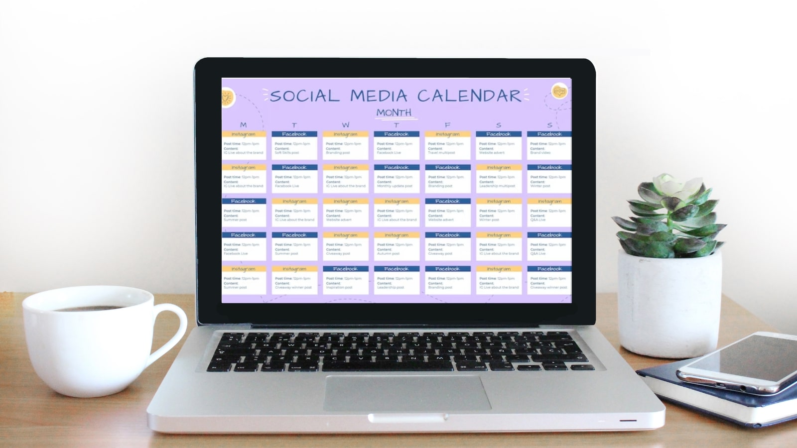 Social media calendar shown on laptop screen.