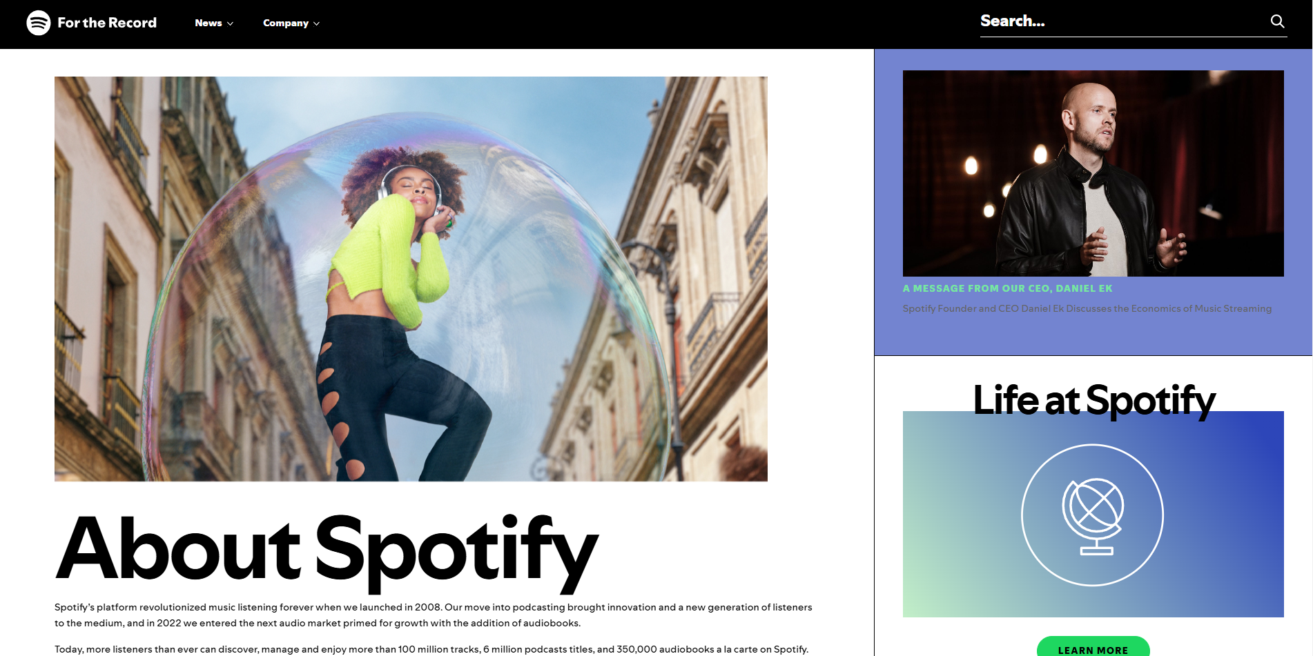 Spotify's About Us page,