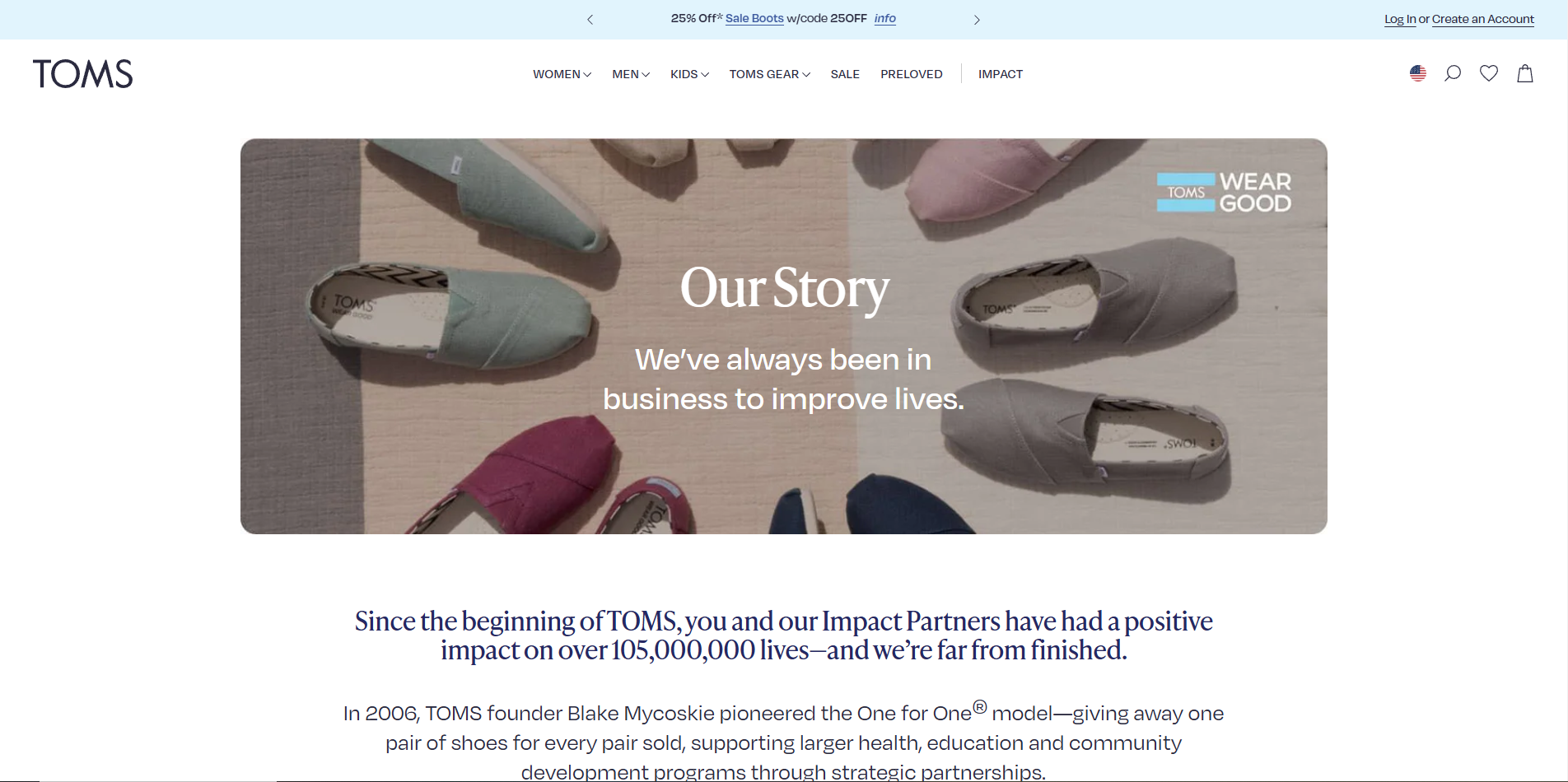 TOMS Shoes' About Us page.